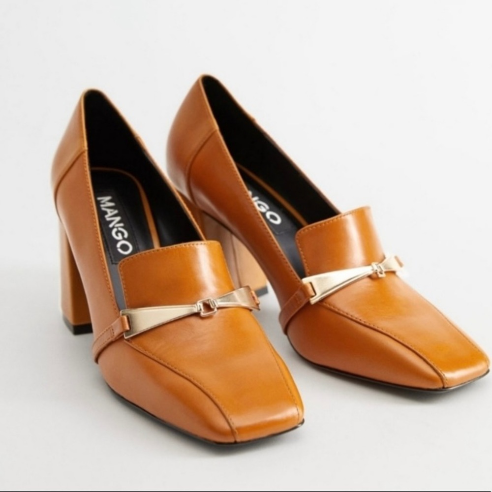 MANGO Genuine Leather Block Heeled Loafer Heels